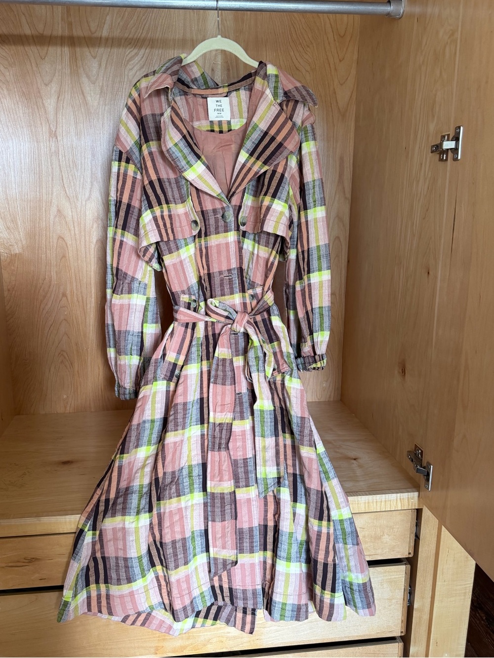 Free People Pink, Brown & Lime Plaid Long Sleeve Midi Dress with Belt